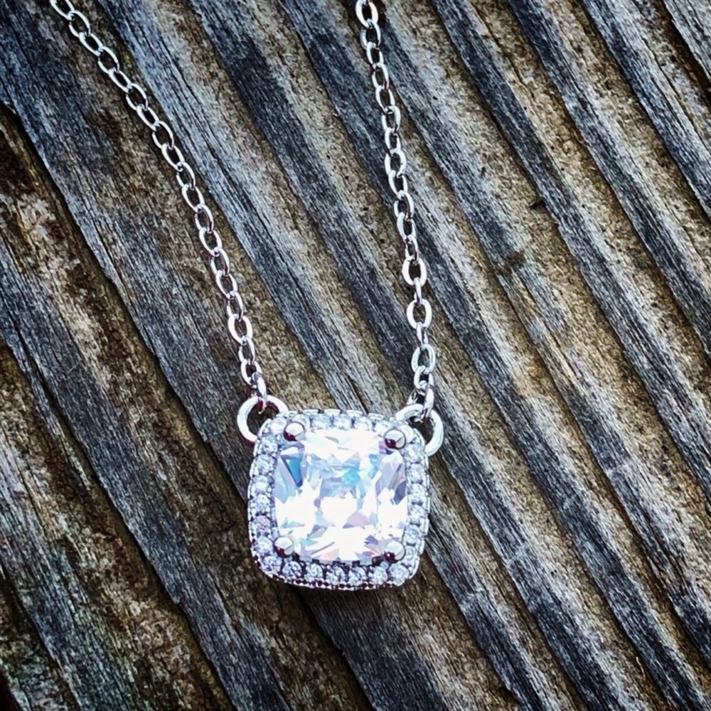 925 Cushion Cut Diamond with Halo Necklace - Picture 3 of 9